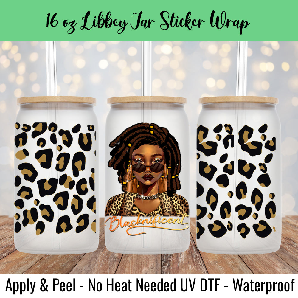 Blacknificent Bantu Locs DTF Transfer & Matching 16 Oz Libbey Jar Wrap