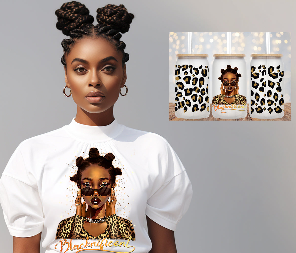 Blacknificent Bantu Knots DTF Transfer & Matching 16 Oz Libbey Jar Wrap