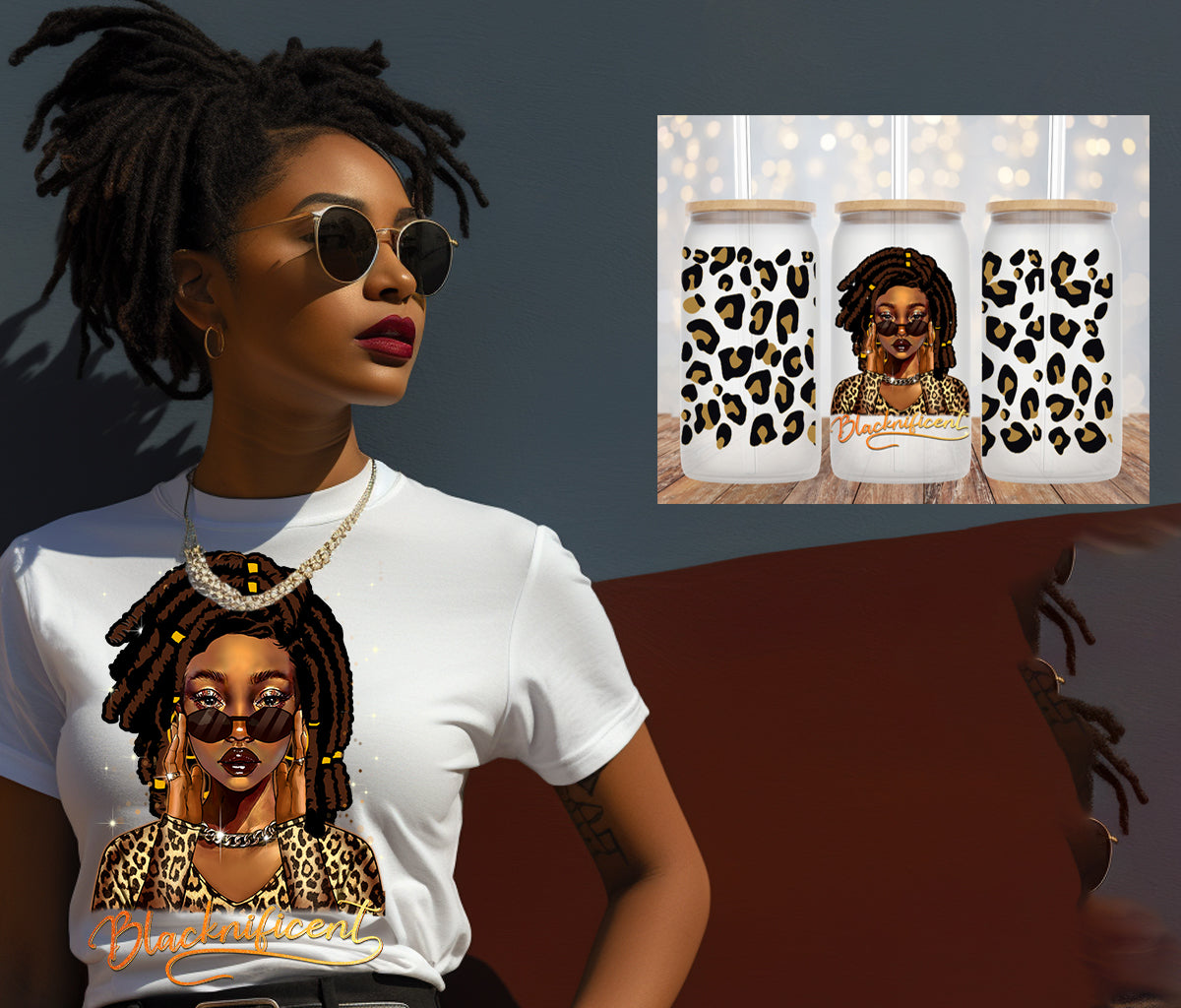 Blacknificent Bantu Locs DTF Transfer & Matching 16 Oz Libbey Jar Wrap