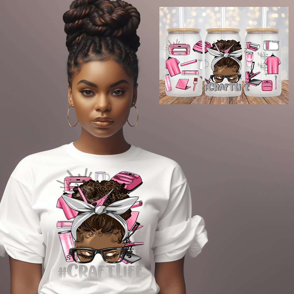 #CraftLife Pink Messy Bun DTF Transfer & Matching 16 Oz Libbey Jar Wrap