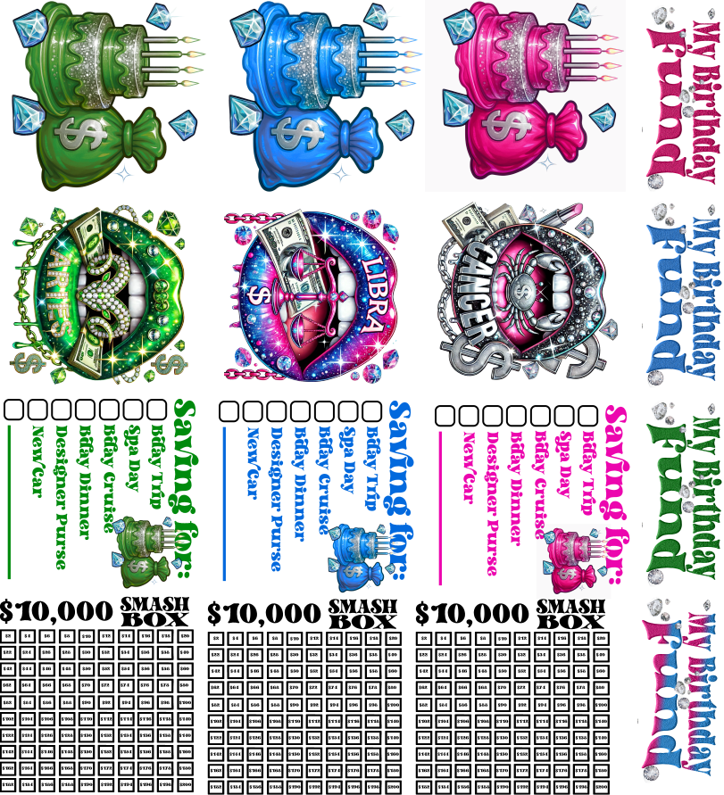 Birthday Fund Smash Box UV DTF Stickers - 22 x24 Gang Sheet