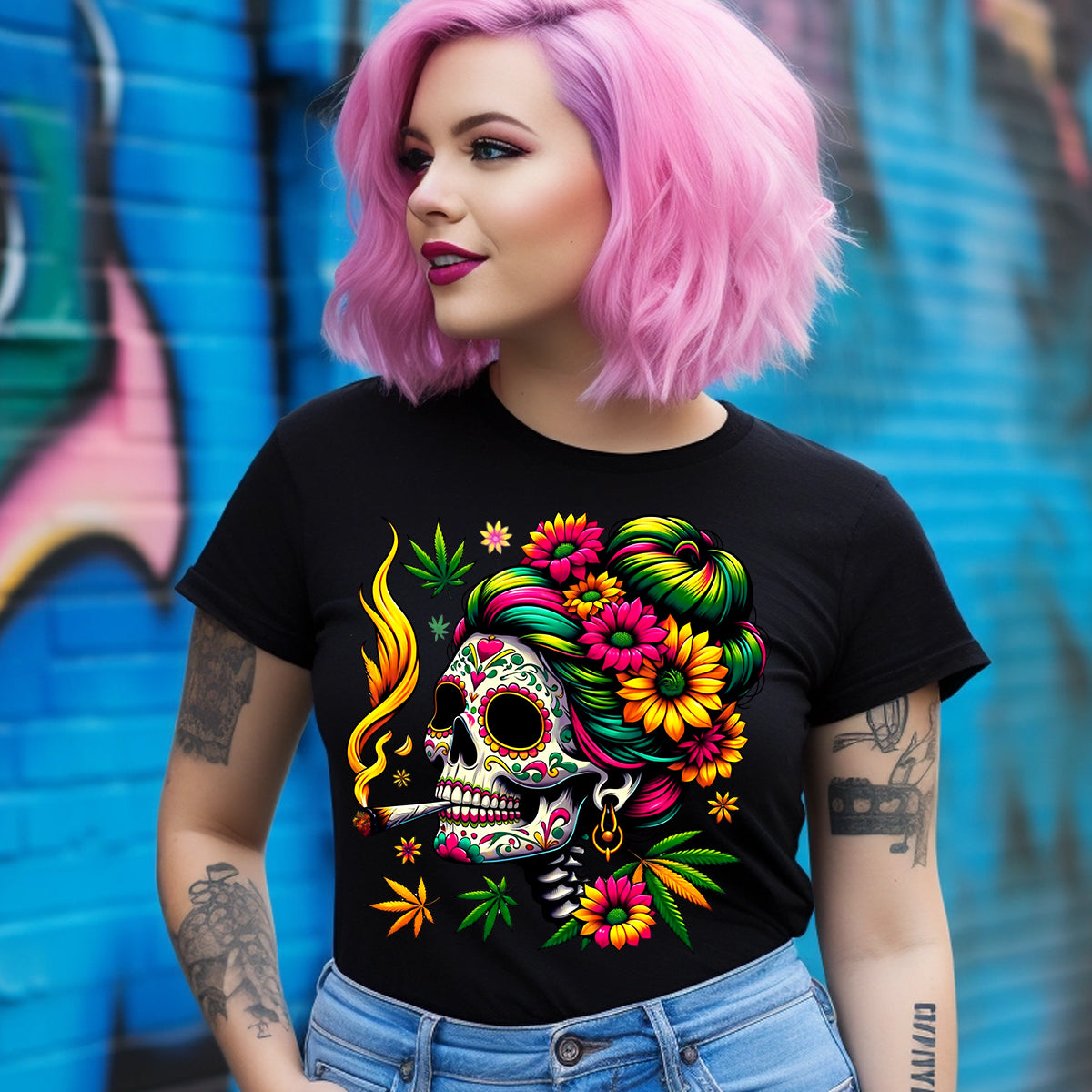 Sugar Skull Stoner Woman DTF Transfer