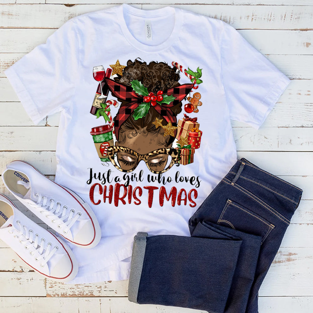 Just a Girl Who Loves Christmas Afro Messy Bun DTF Transfer