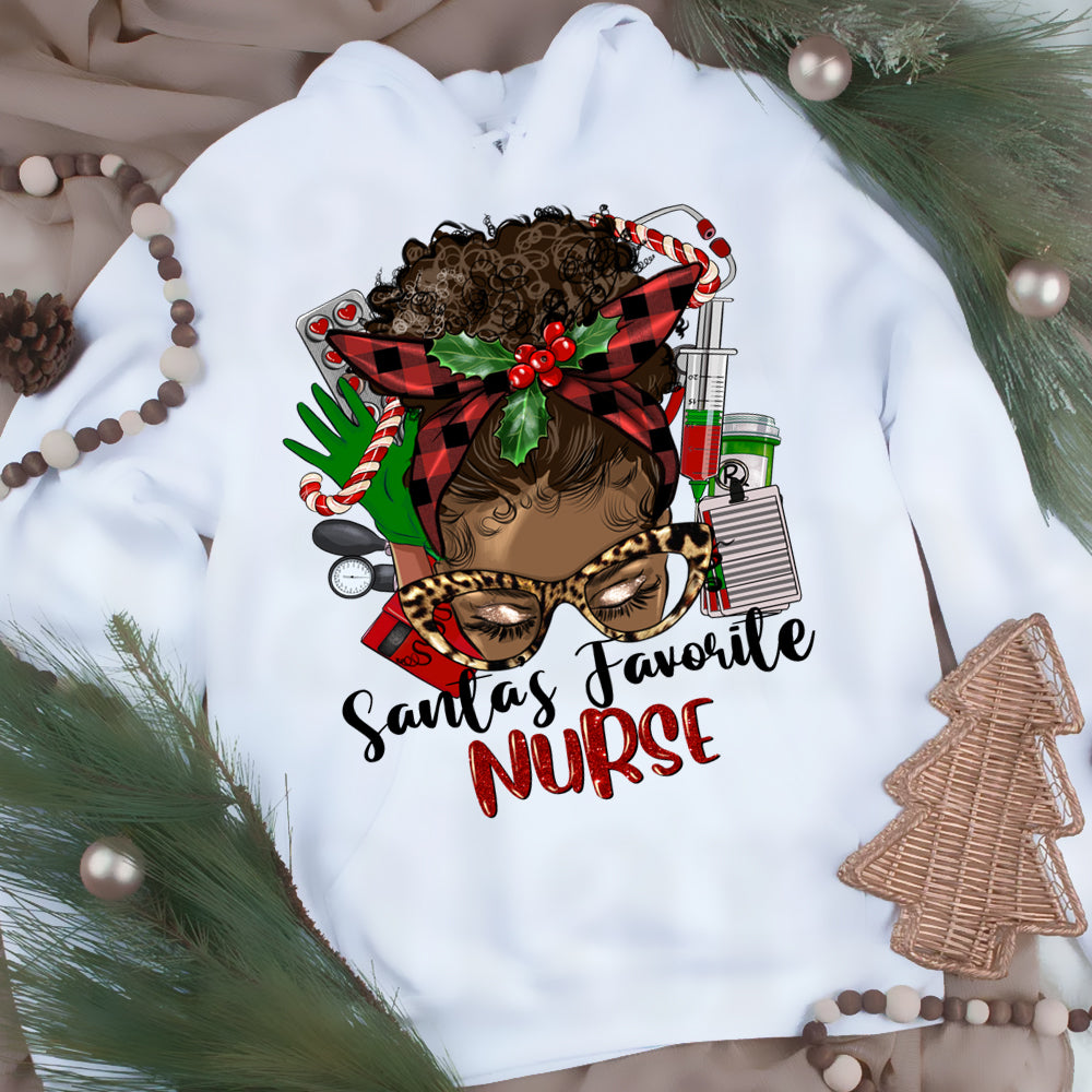 Santas Favorite Nurse Afro Messy Bun DTF Transfer