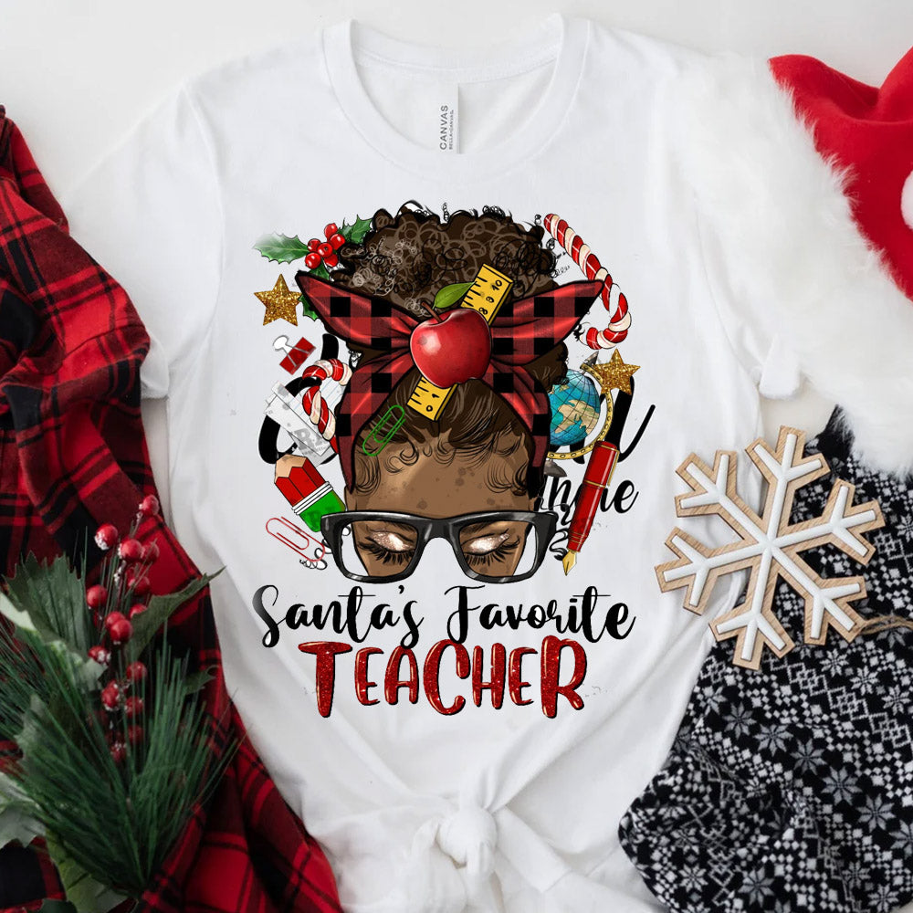 Santas Favorite Teacher Afro Messy Bun DTF Transfer