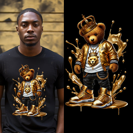 Gold Splash Crown Hip Hop Bear DTF Transfer