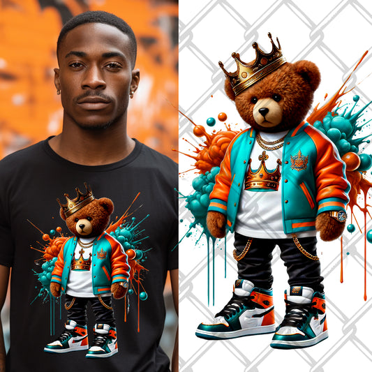 Teal Orange Hip Hop Bear DTF Transfer