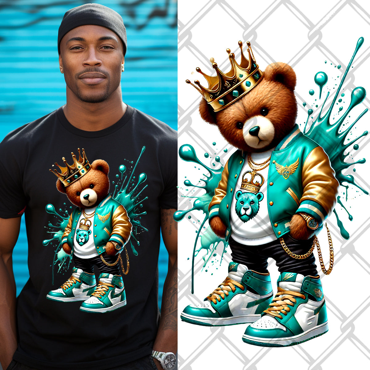 Teal Gold Hip Hop Bear DTF Transfer