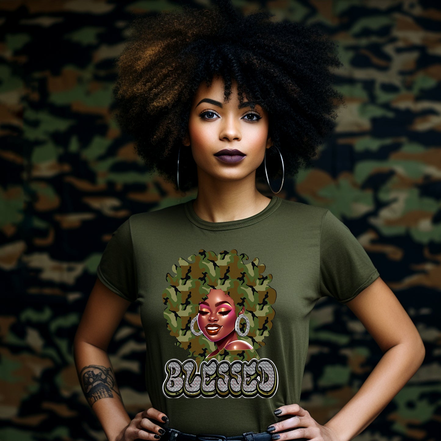 Blessed Camo Afro Woman DTF Transfer